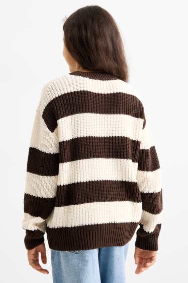 Kinder Mädchen - Pullover - gerippt - gestreift - braun / cremeweiss