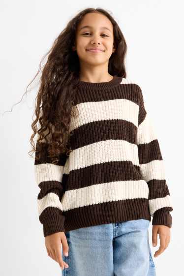 Kinder Mädchen - Pullover - gerippt - gestreift - braun / cremeweiss