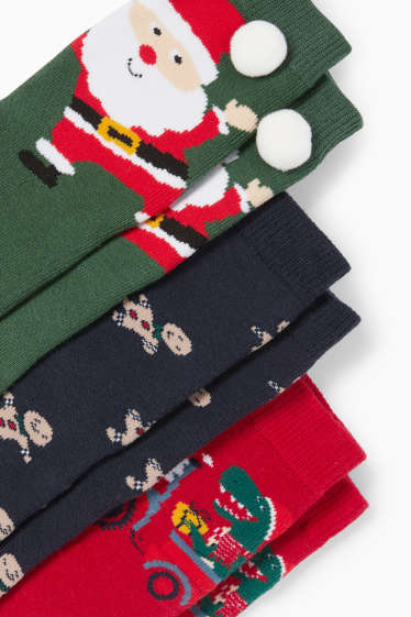 Kinder Buben - Multipack 3er - Santa und Dino - Weihnachts-Socken mit Motiv - dunkelgrün / rot