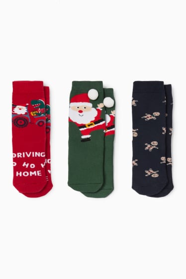 Kinder Buben - Multipack 3er - Santa und Dino - Weihnachts-Socken mit Motiv - dunkelgrün / rot