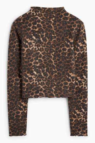 Damen - Crop Langarmshirt - Slim Fit - Leo-Print - schwarz / beige