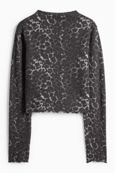 Damen - Crop Langarmshirt - Slim Fit - Leo-Print - schwarz / grau