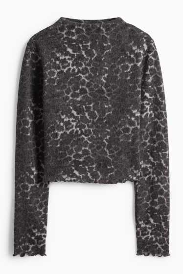 Damen - Crop Langarmshirt - Slim Fit - Leo-Print - schwarz / grau