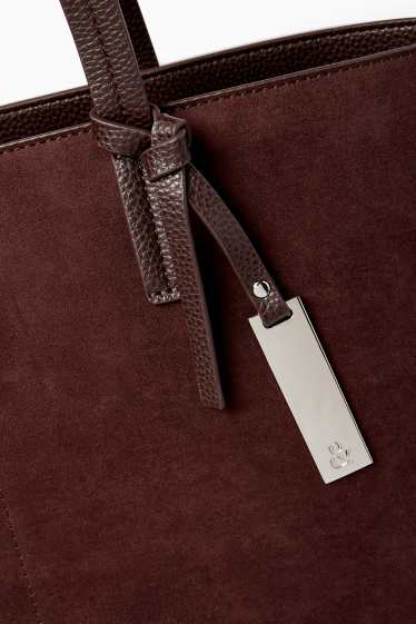 Damen - Großer Shopper - Velourslederimitat - dunkelbraun