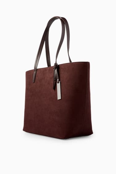 Damen - Großer Shopper - Velourslederimitat - dunkelbraun