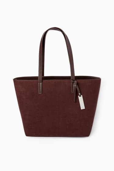 Damen - Großer Shopper - Velourslederimitat - dunkelbraun