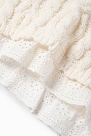 Baby Mädchen - Baby-Pullover - Broderie Anglaise - Zopfmuster - cremefarben