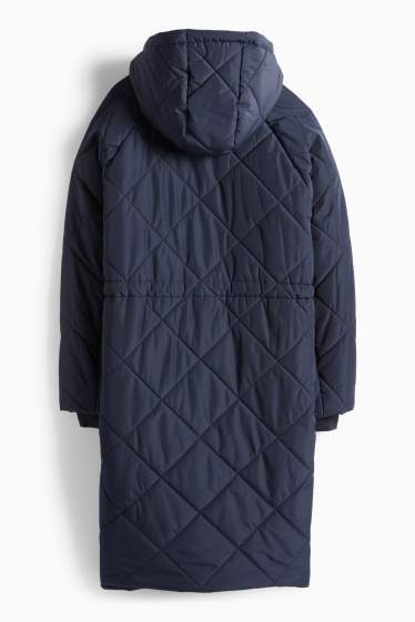 Dámské - Prošívaný kabát s kapucí - tmavomodrá