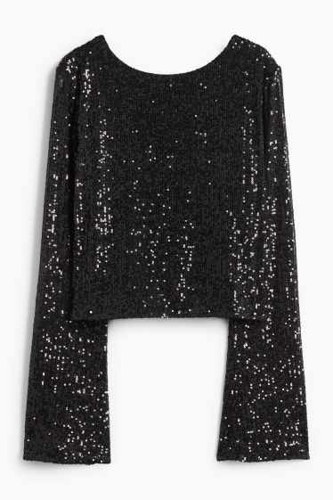 Dámské - Krátké pajetkové tričko s dlouhým rukávem - slim fit - černá