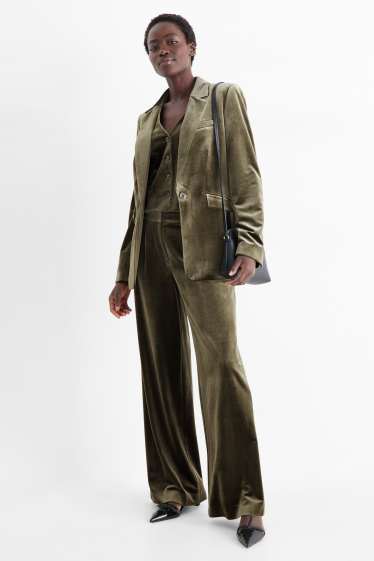 Dámské - Business sametové kalhoty - mid waist - wide leg - zelená