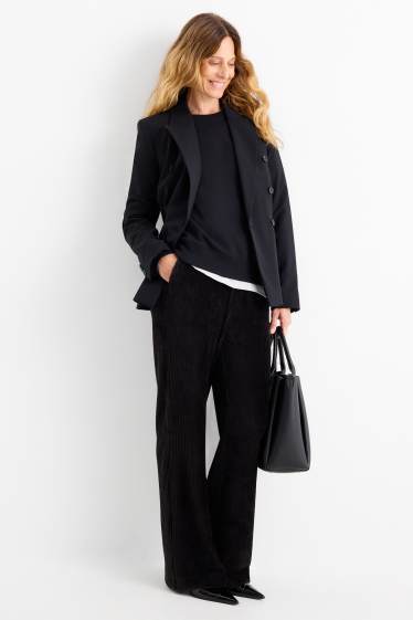 Women - Velvet trousers - high waist - wide leg - ribbed - black