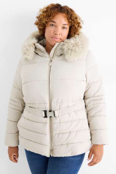 Femmes - Doudoune avec ceinture, capuche et garniture imitation fourrure - beige clair
