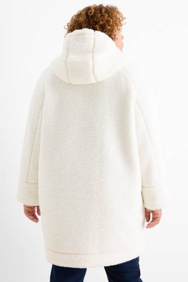 Femmes - Manteau en peluche à capuche - blanc crème