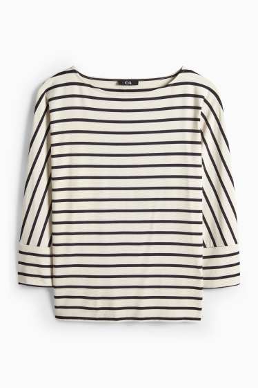 Dámské - Tričko s dlouhým rukávem basic - regular fit - pruhované - černá/béžová