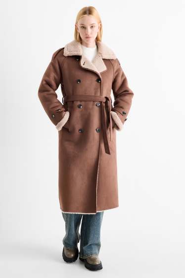 Damen - Faux Shearling Mantel - Velourslederimitat - braun