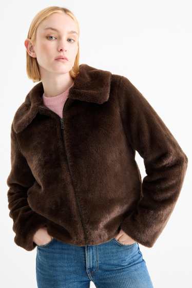 Dames - Jas van imitatiebont - donkerbruin