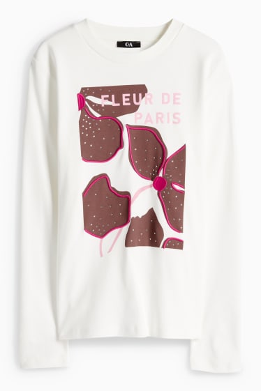 Dámské - Tričko s dlouhým rukávem se štrasovými kamínky - regular fit - bílá