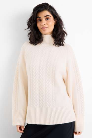 Damen - Pullover mit Kaschmir-Anteil - Woll-Mix - Zopfmuster - cremeweiß