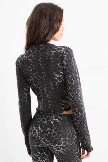 Dames - Korte longsleeve - slim fit - luipaardvelprint - zwart / grijs