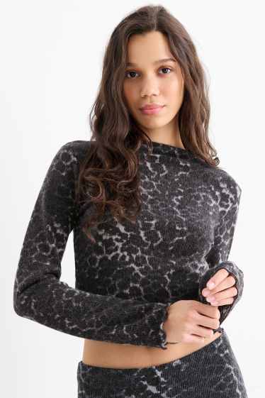 Dames - Korte longsleeve - slim fit - luipaardvelprint - zwart / grijs