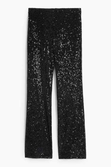 Donna - Pantaloni in paillettes - vita alta - flared - nero