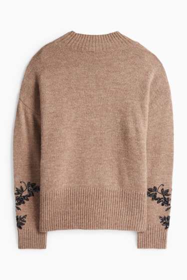 Femei - Pulover - aspect lucios - cu flori - maro