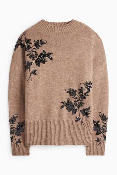 Femei - Pulover - aspect lucios - cu flori - maro