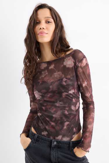 Damen - Body - Mesh - geblümt - dunkelbraun