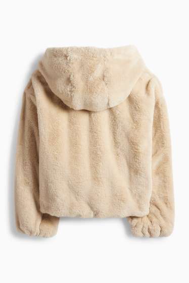 Femei - Jachetă din blană artificială cu glugă - bej