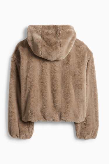 Femei - Jachetă din blană artificială cu glugă - maro deschis