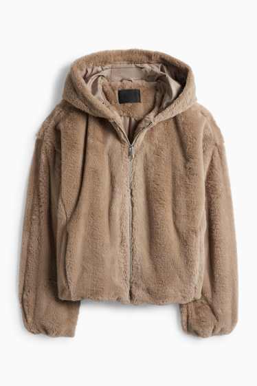 Femei - Jachetă din blană artificială cu glugă - maro deschis
