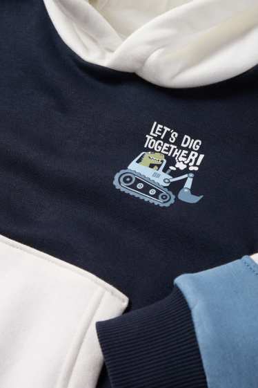 Děti - chlapci - Dinosaurus s bagrem - mikina s kapucí - tmavomodrá