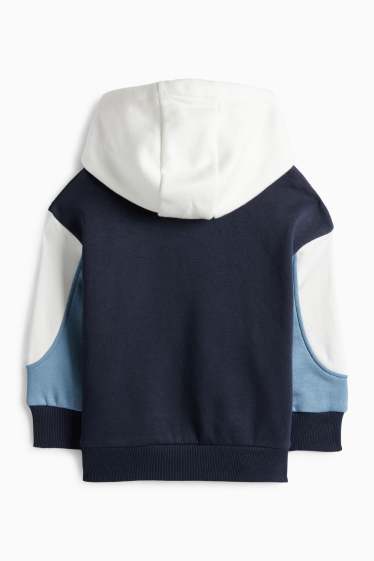 Děti - chlapci - Dinosaurus s bagrem - mikina s kapucí - tmavomodrá