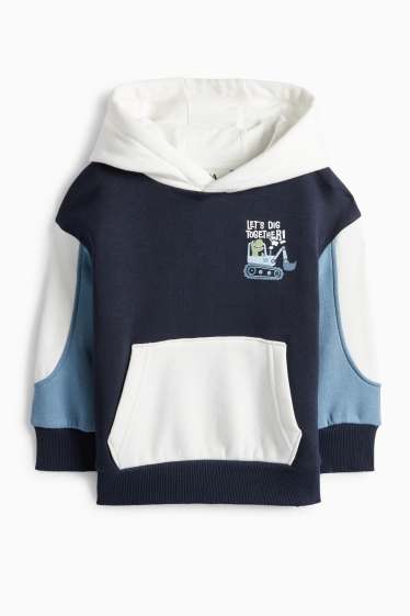 Děti - chlapci - Dinosaurus s bagrem - mikina s kapucí - tmavomodrá