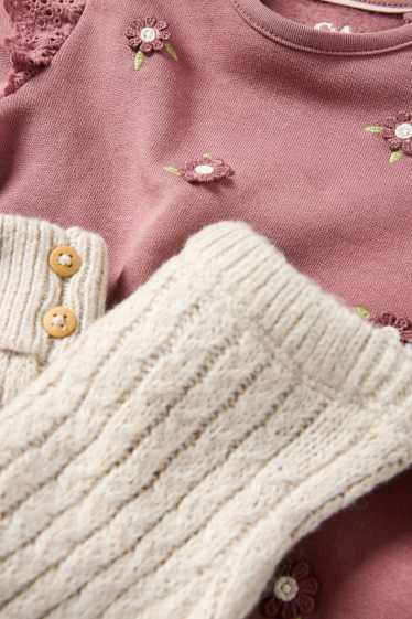 Baby: meisjes - Bloemetjes - babyoutfit - 3-delig - donker rose