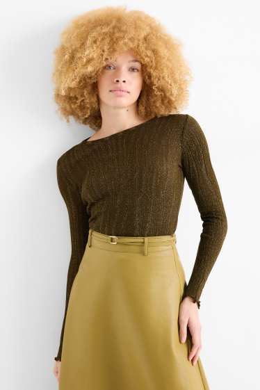 Women - Long sleeve top - regular fit - ribbed - dark green