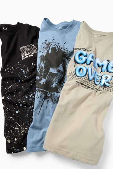 Děti - chlapci - Multipack 3 ks - skater a gaming - tričko s dlouhým rukávem - béžová/modrá