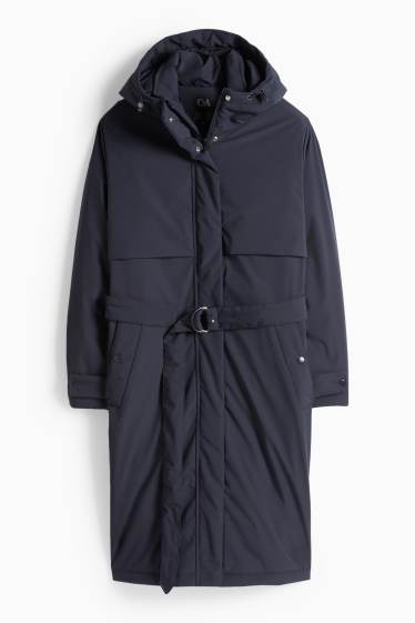Femmes - Manteau à capuche doté d’une ceinture - rembourré - déperlant - bleu foncé