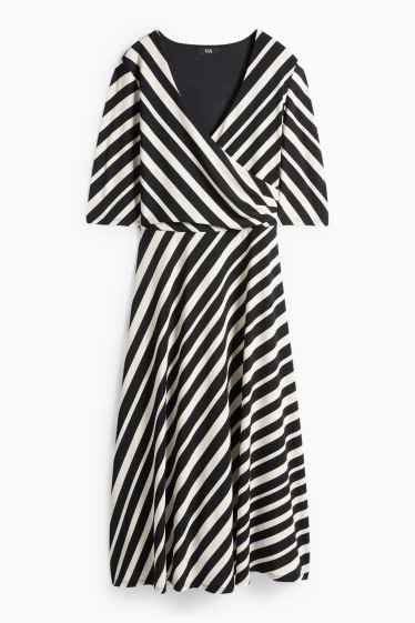 Women - V-neck dress - straight fit - striped - black / beige