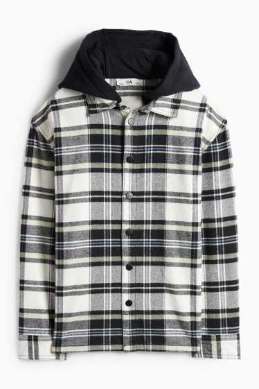 Děti - chlapci - Flanelová košilová bunda s kapucí - kostkovaná - černá/béžová