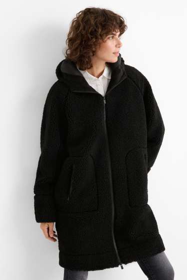 Donna - Cappotto in peluche con cappuccio - nero