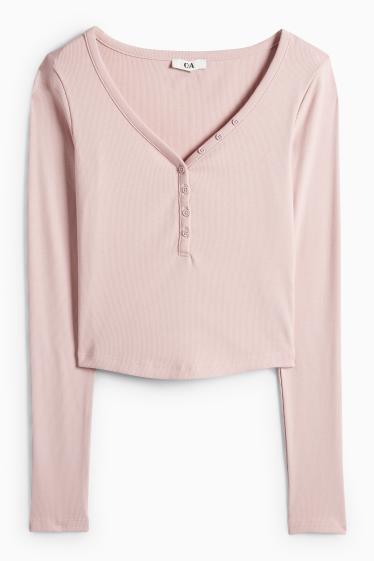 Dámské - Krátké tričko ve stylu henley - slim fit - žebrované - růžová