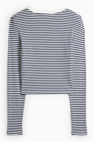 Dámské - Krátké tričko s dlouhým rukávem - slim fit - žebrované - pruhované - tmavomodrá/bílá