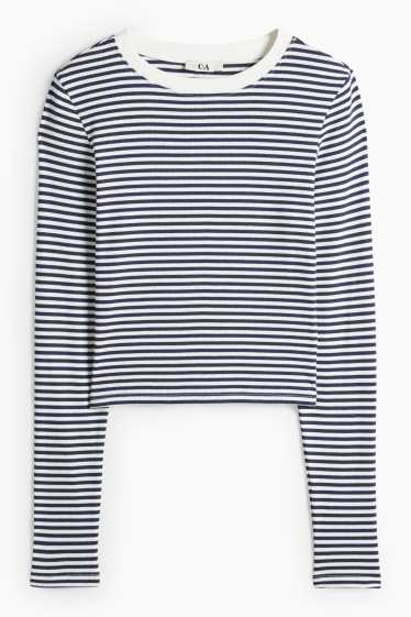 Dámské - Krátké tričko s dlouhým rukávem - slim fit - žebrované - pruhované - tmavomodrá/bílá