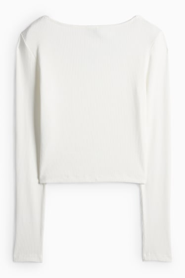 Dámské - Krátké tričko s dlouhým rukávem - slim fit - žebrované - krémově bílá