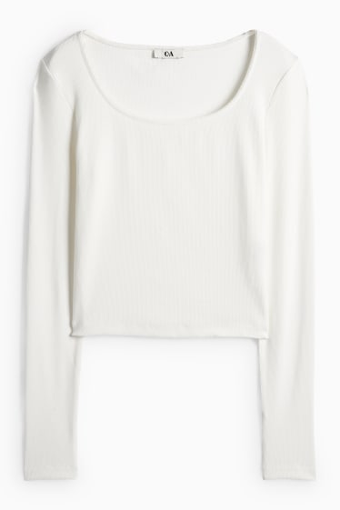 Dámské - Krátké tričko s dlouhým rukávem - slim fit - žebrované - krémově bílá