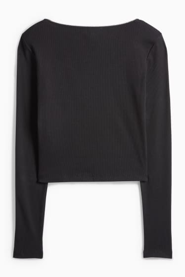 Dámské - Krátké tričko s dlouhým rukávem - slim fit - žebrované - černá