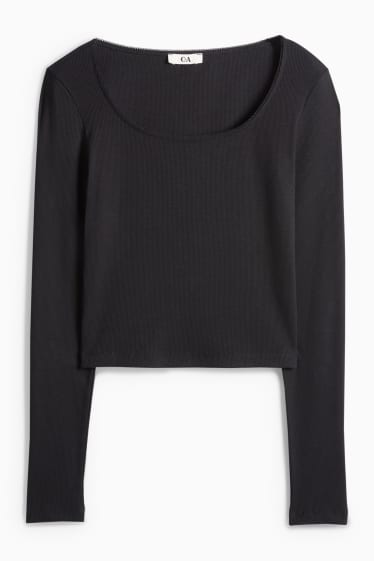 Dámské - Krátké tričko s dlouhým rukávem - slim fit - žebrované - černá