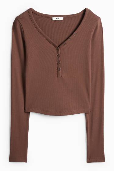 Damen - Crop Henley-Shirt - Slim Fit - gerippt - dunkelbraun