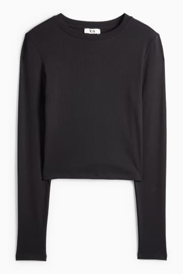 Femei - Tricou crop cu mânecă lungă - slim fit - reiat - negru